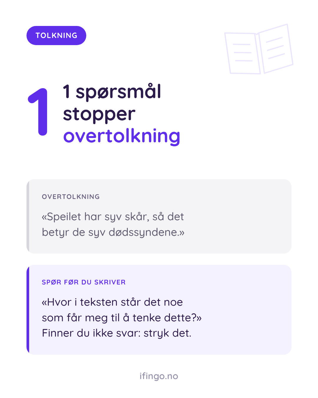 Grafikk fra ifingo med tallet 1 i stort lilla og overskriften «1 spørsmål stopper overtolkning». Under står to bokser. Boks 1 «OVERTOLKNING»: «Speilet har syv skår, så det betyr de syv dødssyndene.» Boks 2 «SPØR FØR DU SKRIVER»: «Hvor i teksten står det noe som får meg til å tenke dette?» Finner du ikke svar: stryk det.