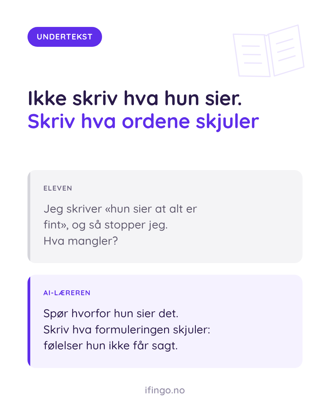 Grafikk fra ifingo med overskriften «Ikke skriv hva hun sier. Skriv hva ordene skjuler». Under står to bokser. Boks 1 «ELEVEN»: «Jeg skriver «hun sier at alt er fint», og så stopper jeg. Hva mangler?» Boks 2 «AI-LÆREREN»: «Spør hvorfor hun sier det. Skriv hva formuleringen skjuler: følelser hun ikke får sagt.»